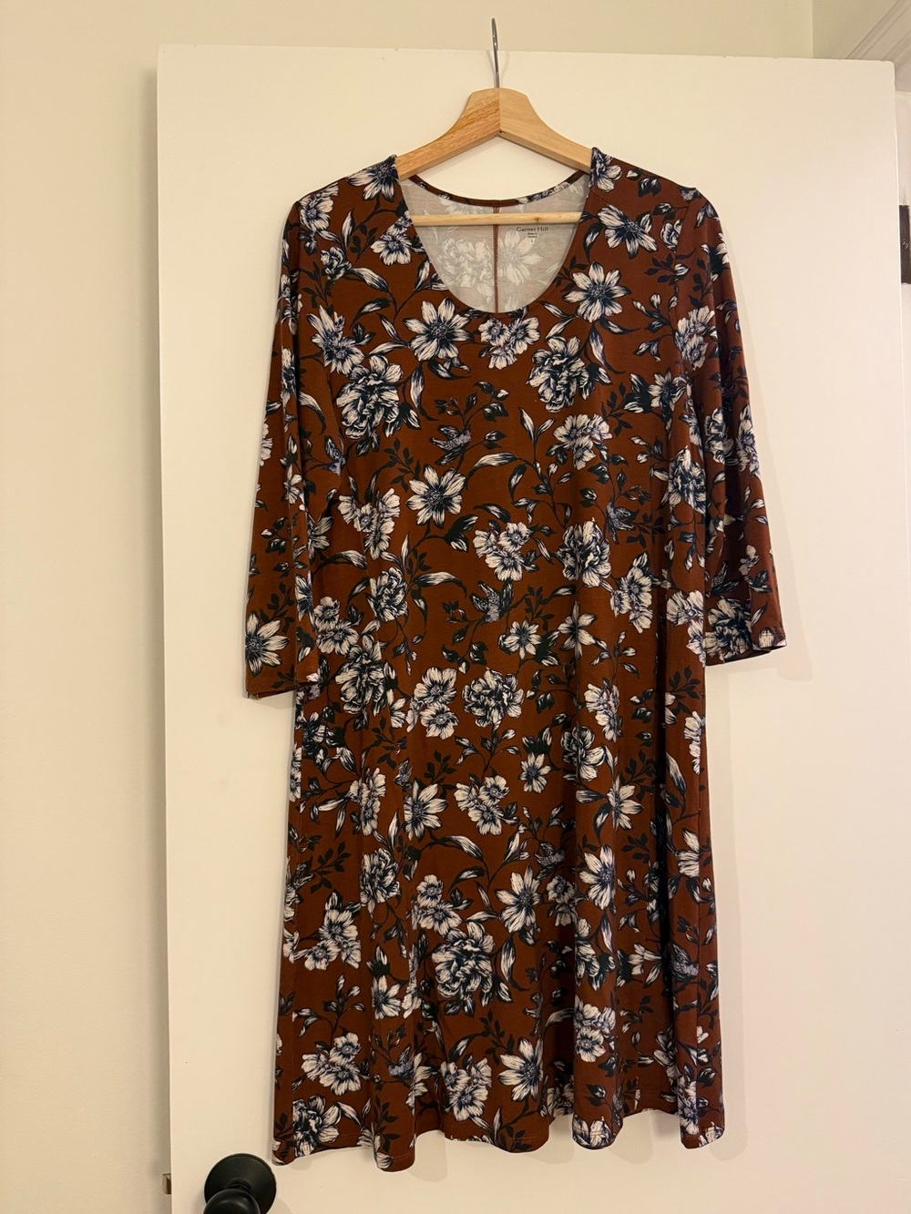 Garnet Hill Floral A-Line Dress Rust Brown Navy Size L